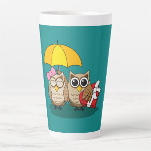 Cute Owl Lovers w/ Umbrella & Red Chocolate Box Latte Mok