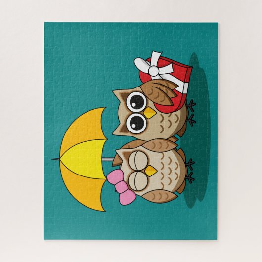 Cute Owl Lovers w/ Umbrella & Red Chocolate Box Legpuzzel (Verticaal)
