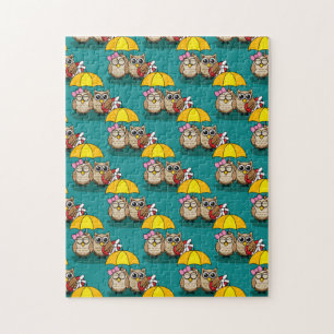 Cute Owl Lovers w/ Umbrella & Red Chocolate Box Legpuzzel