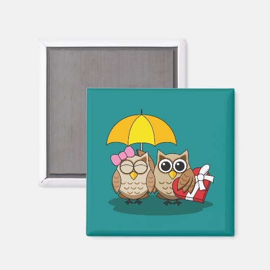 Cute Owl Lovers w/ Umbrella & Red Chocolate Box Magneet (Voorkant / Achterkant)