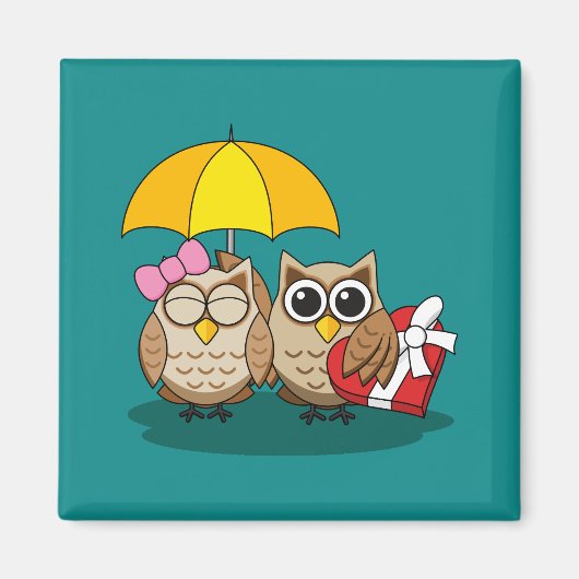 Cute Owl Lovers w/ Umbrella & Red Chocolate Box Magneet (Voorkant)