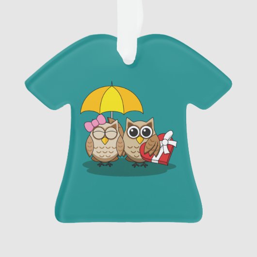 Cute Owl Lovers w/ Umbrella & Red Chocolate Box Ornament (voorkant)
