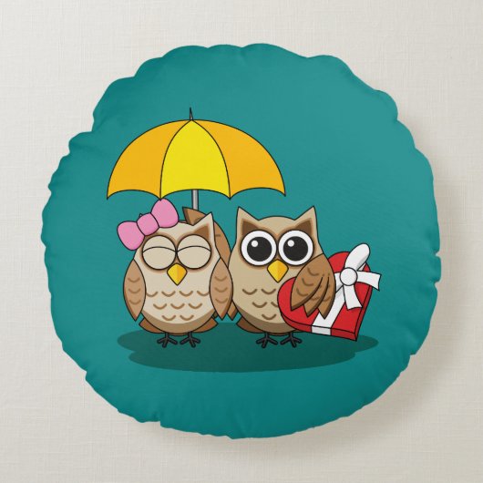 Cute Owl Lovers w/ Umbrella & Red Chocolate Box Rond Kussen (Voorkant)
