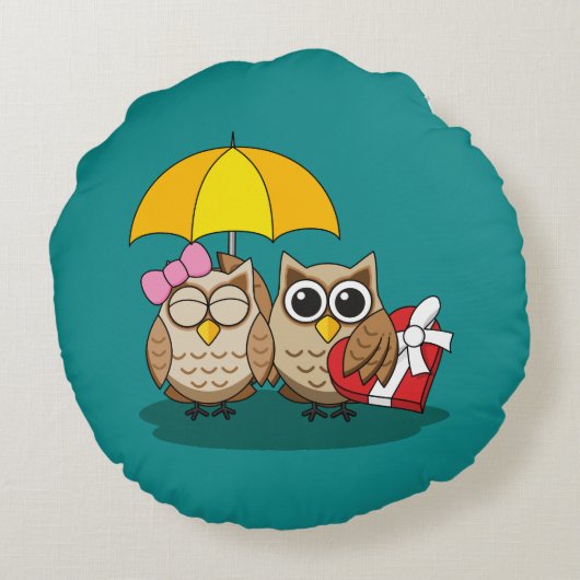 Cute Owl Lovers w/ Umbrella & Red Chocolate Box Rond Kussen (Achterkant)