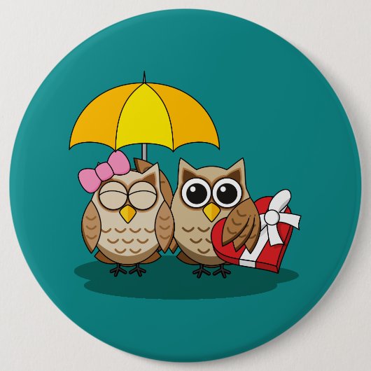 Cute Owl Lovers w/ Umbrella & Red Chocolate Box Ronde Button 6,0 Cm (Voorkant)