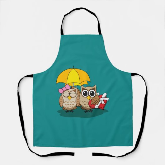 Cute Owl Lovers w/ Umbrella & Red Chocolate Box Schort (Voorkant)
