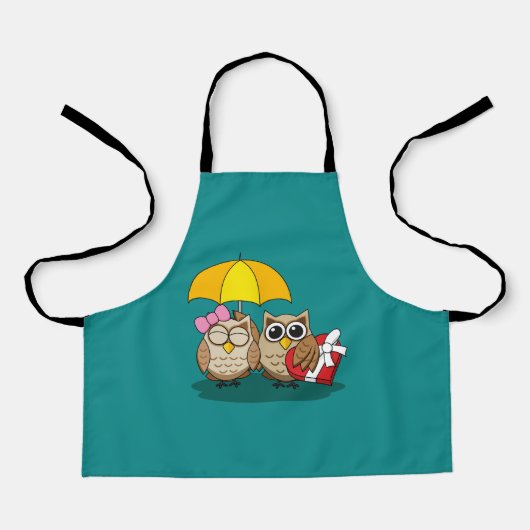Cute Owl Lovers w/ Umbrella & Red Chocolate Box Schort (Voorkant)