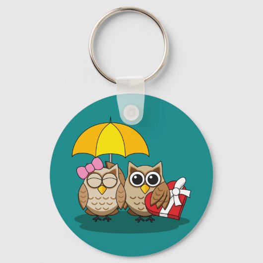 Cute Owl Lovers w/ Umbrella & Red Chocolate Box Sleutelhanger (Voorkant)
