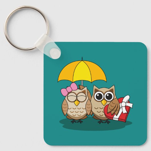 Cute Owl Lovers w/ Umbrella & Red Chocolate Box Sleutelhanger (Voorkant)