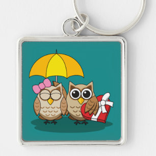 Cute Owl Lovers w/ Umbrella & Red Chocolate Box Sleutelhanger
