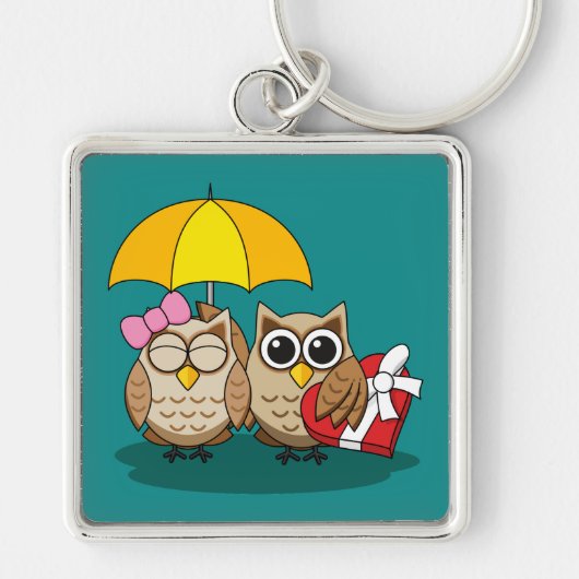 Cute Owl Lovers w/ Umbrella & Red Chocolate Box Sleutelhanger (Voorkant)