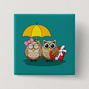 Cute Owl Lovers w/ Umbrella & Red Chocolate Box Vierkante Button 5,1 Cm