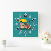 Cute Owl Lovers w/ Umbrella & Red Chocolate Box Vierkante Klok (Huis)