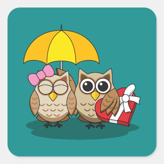 Cute Owl Lovers w/ Umbrella & Red Chocolate Box Vierkante Sticker (Voorkant)