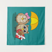 Cute Owl Lovers w/ Umbrella & Red Chocolate Box Wandkleed (Voorkant (horizontaal))