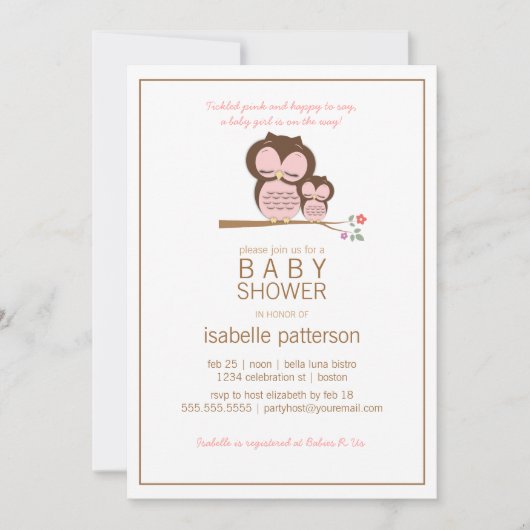 Cute Owl & Mama Het is een Girl Baby shower Uitnod Kaart (Voorkant)