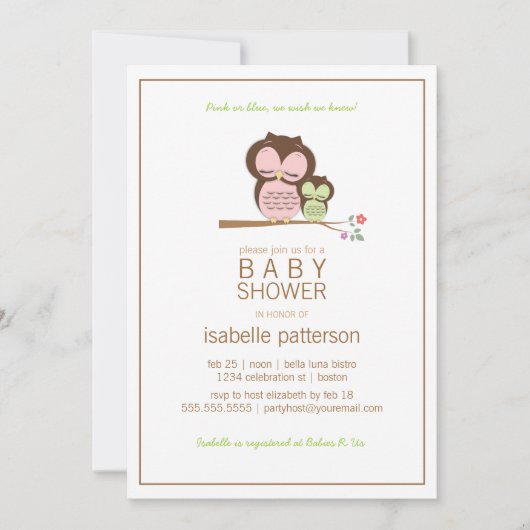 Cute Owl & Mama Neutral Baby shower Invitation Kaart (Voorkant)