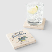 Cute Owl & Merry-kersttypografie Stenen Onderzetter (Zijkant)