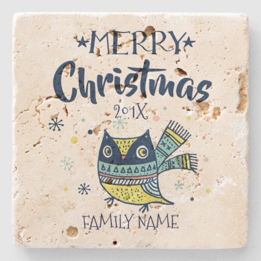 Cute Owl & Merry-kersttypografie Stenen Onderzetter (Voorkant)