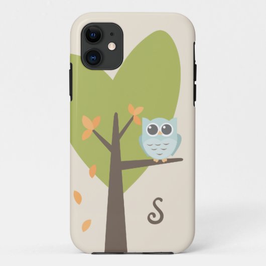 Cute Owl Monogram Tree Branch Leaves Monogramed Case-Mate iPhone Case (Achterkant)