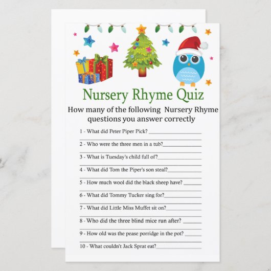 Cute Owl Nursery Rhyme Quiz baby shower game (Voorkant / Achterkant)
