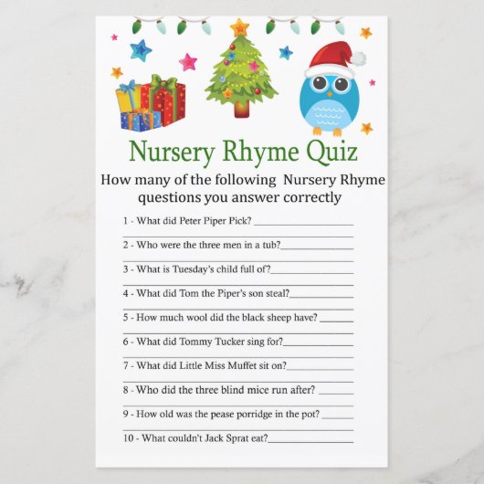Cute Owl Nursery Rhyme Quiz baby shower game (Voorkant)