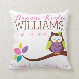 Cute OWL on a branch Baby Birth Notice Kussen