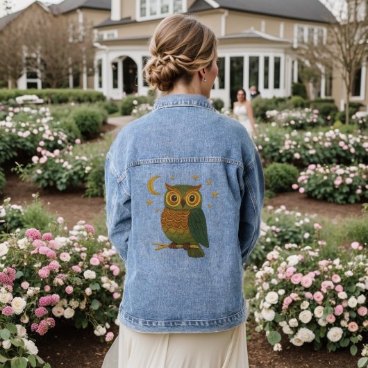 Cute Owl on a Branch Embroidered Look Unisex Denim Jacket (Huwelijk Achterkant)