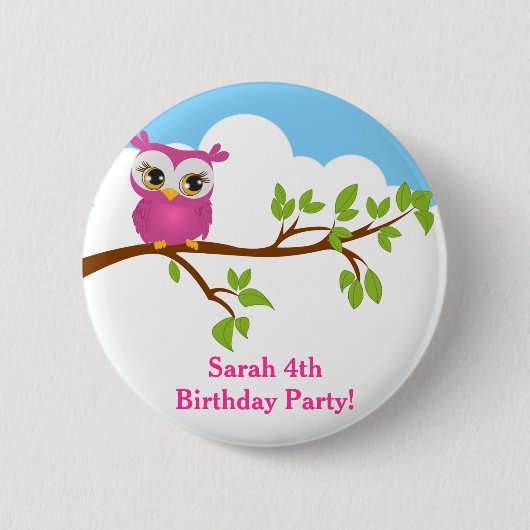 Cute Owl on Branch Girl Birthday Button (Voorkant)