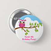 Cute Owl on Branch Girl Birthday Button (Voorkant /achterkant)