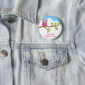 Cute Owl on Branch Girl Birthday Button (In situ)
