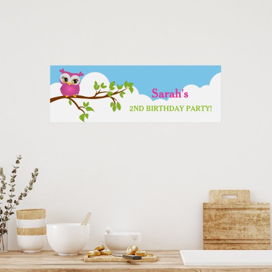 Cute Owl on Branch Girl Birthday Party Banner Poster (Keuken)