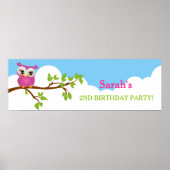 Cute Owl on Branch Girl Birthday Party Banner Poster (Voorkant)