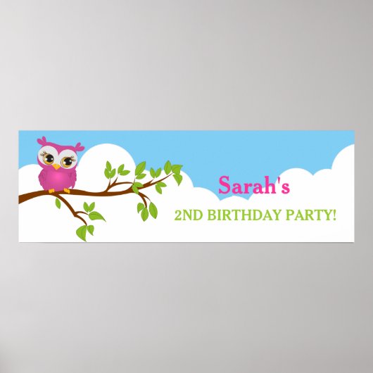 Cute Owl on Branch Girl Birthday Party Banner Poster (Voorkant)