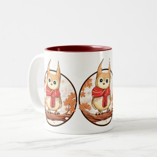 Cute Owl on branch in winterillustratie Tweekleurige Koffiemok (Voorkant links)