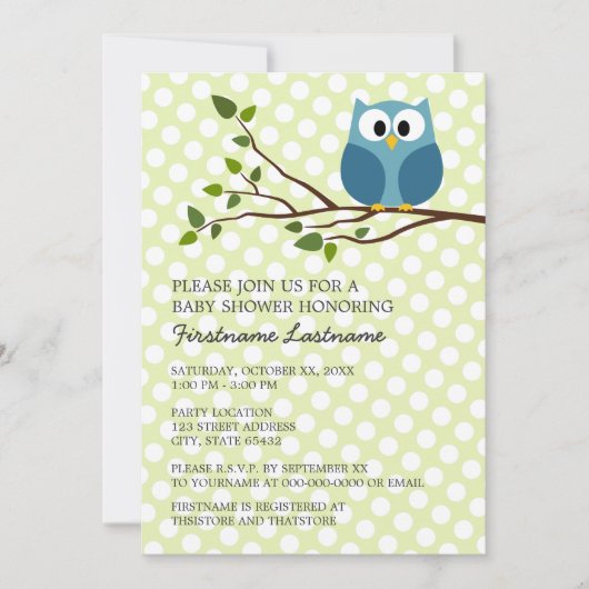 Cute Owl op Tak met Baby shower van poolpunten Kaart (Voorkant)