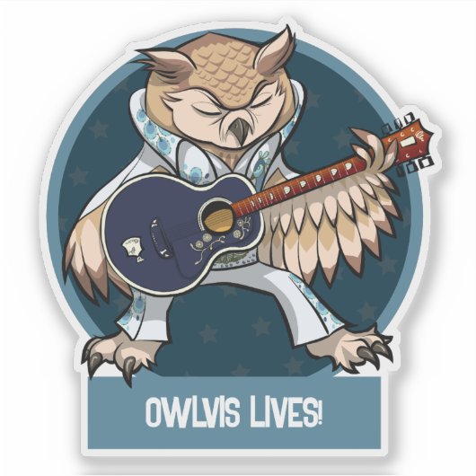 Cute Owl Owlvis Lives! Singer With Guitar Cartoon Sticker (Voorkant)