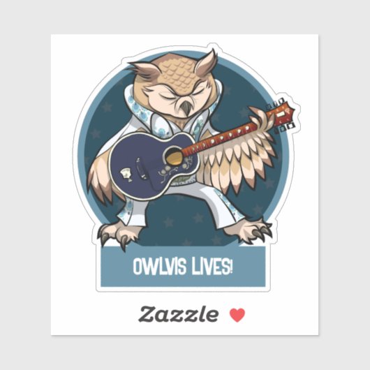 Cute Owl Owlvis Lives! Singer With Guitar Cartoon Sticker (Vel)