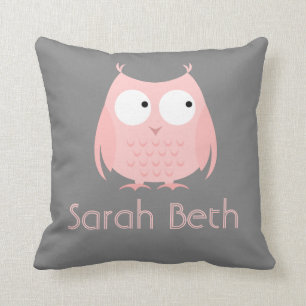 Cute Owl Pillow, Grey & Roze, voeg Naam toe Kussen
