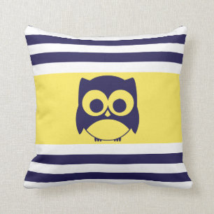 Cute Owl Pillow   Navy Blue Yellow Kussen
