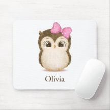 Cute Owl Pink Bow Girly Waterverf Name