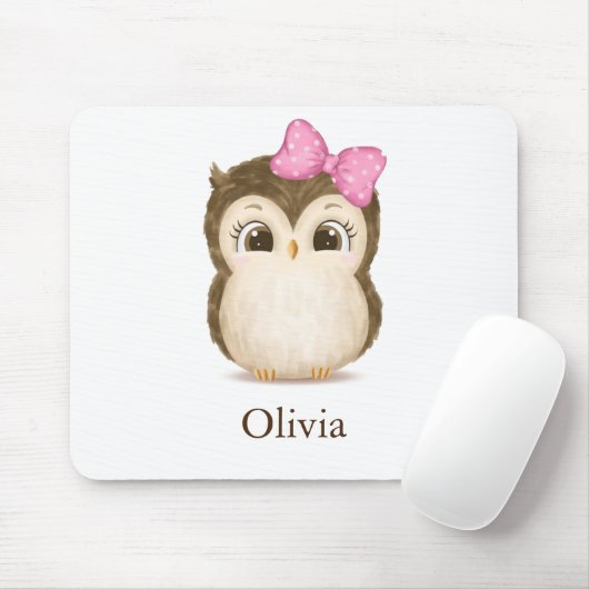 Cute Owl Pink Bow Girly Waterverf Name Muismat (Met muis)