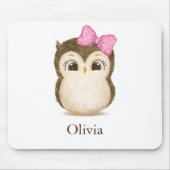 Cute Owl Pink Bow Girly Waterverf Name Muismat (Voorkant)