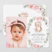 Cute Owl Pink Floral Greenery Birthday Foto Kaart (Voorkant / Achterkant)