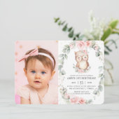Cute Owl Pink Floral Greenery Birthday Foto Kaart (Staand voorkant)