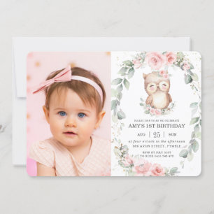 Cute Owl Pink Floral Greenery Birthday Foto Kaart