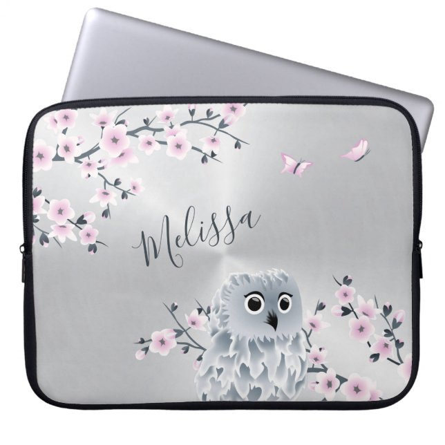 Cute Owl Pink Silver Monogram Laptop Sleeve (Voorkant)