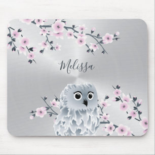 Cute Owl Pink Silver Monogram Muismat