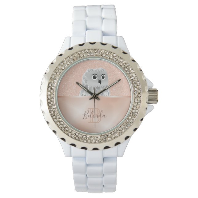 Cute Owl Roos Gold Glitter Monogram Watch Horloge (Voorkant)