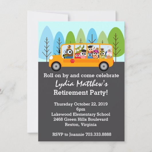 Cute Owl School Bus Driver Retirement Party Kaart (Voorkant)